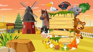 Empty wooden board with various wild animals in the farm vector