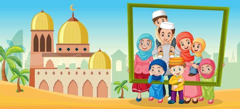 Happy family holding photo frame with mosque on the background