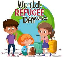 World Refugee Day banner with refugee people on globe background vector