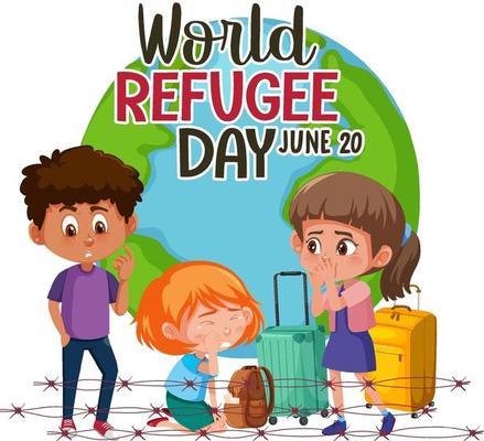World Refugee Day banner with refugee people on globe background