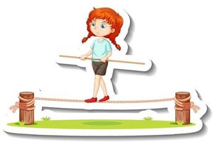 una niña en equilibrio sobre una etiqueta de personaje de dibujos animados de cuerda vector