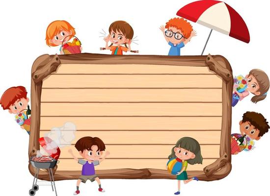 Empty wooden board with many children cartoon character