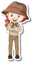 Girl in safari outfit cartoon character sticker vector