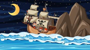 Ocean with Pirate ship at night scene in cartoon style vector