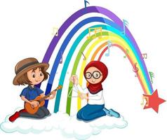 dos niños tocando la guitarra y maracas con arcoiris vector