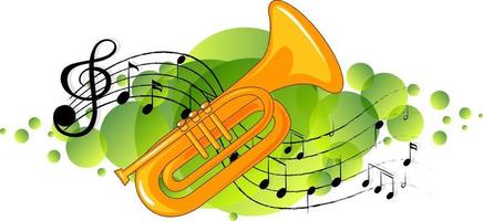 Trumpet musical instrument with melody symbols on green splotch vector