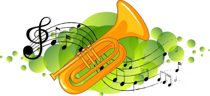Trumpet musical instrument with melody symbols on green splotch