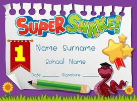 Diploma or certificate template for school kids with super snake vector