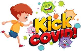 Kick Covid font with a boy trying to kick coronavirus vector