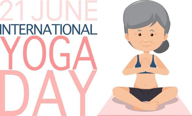 International Yoga Day June 21 banner with old woman doing yoga