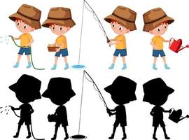 Set of a boy doing different activities with its silhouette vector