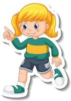 Sticker template with a girl in walking pose cartoon character vector