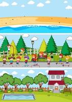 Different scenes with doodle kids cartoon character vector