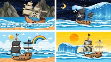 Set of Ocean with Pirate ship at different times vector