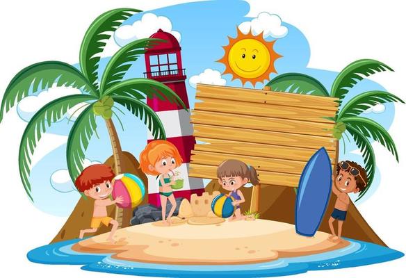 Empty banner with kids character on summer vacation at the beach