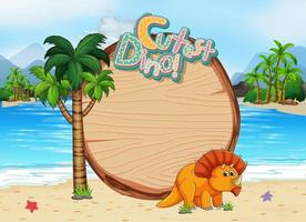 Escena de playa con tablero vacío y lindo personaje de dibujos animados de dinosaurio vector