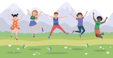 Cinco niños felices saltando de alegría en el fondo de las montañas vector