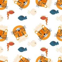 Patrón sin costuras de cocina con dibujos animados lindo chef tigre y pescado vector