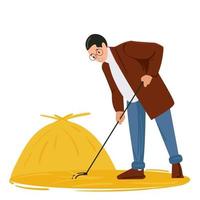 A young man removes the hay with a rake. Harvesting concept vector