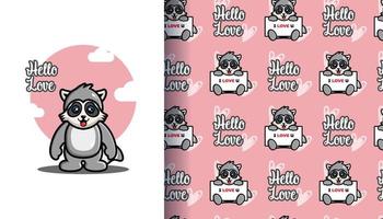 Cute raccoon holding a board i love you with seamless pattern