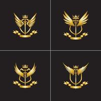 composición heráldica con corona, espadas, alas, escudo y cinta. vector