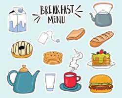 Set Of Colorful Hand Drawn Breakfast Menu Elements vector