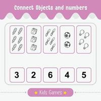 juego para niños para conectar objetos y números hoja de trabajo educativo vector