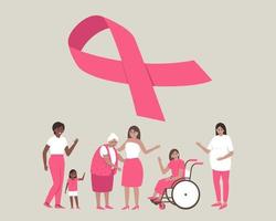 Banner with a variety of women near the pink ribbon vector