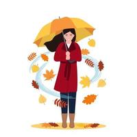 mujer sonriente sosteniendo paraguas en el ventoso día de otoño vector