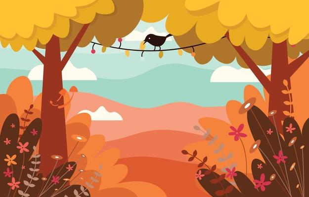 Bird Among Trees in the Autumn Forest Background