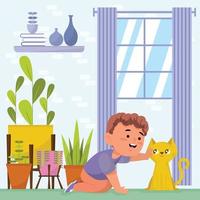 Boy Plays with His Cat at Home vector