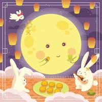 Moon And Rabbits Eat Moon Cake Concept vector