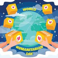 día mundial humanitario con globo y cajas de donación. vector
