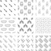 Medical set of seamless patterns from hand drawn doodle elements. vector