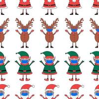 Christmas seamless pattern from Santa Claus, Elf and Deer in blue mask vector