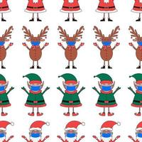 Christmas seamless pattern from Santa Claus, Elf and Deer in blue mask vector