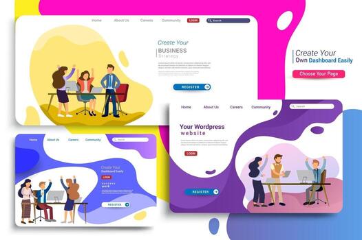 Set of landing page design templates, business strategy and analytics. vector