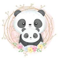 Cute mom and baby panda in watercolor illustration vector