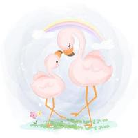 Adorable mom and baby flamingo in watercolor illustration vector