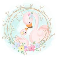 Cute mom and baby flamingo in watercolor illustration
