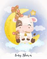 Adorable cow and mice illustration in watercolor vector