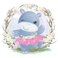 Cute dancing hippo in watercolor illustration vector