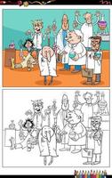 cartoon scientists in laboratory coloring book page vector