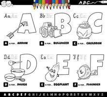 Conjunto de letras del alfabeto de dibujos animados educativos de la a a la f página del libro de color vector
