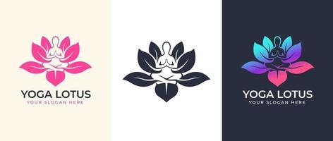 Yoga meditation with lotus flower logo design vector