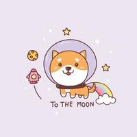 Shiba dog with galaxy and the moon. Doge coin cryptocurrency cartoon.