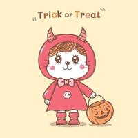 cute cat in devil costume cartoon hand draw for Halloween day. vector