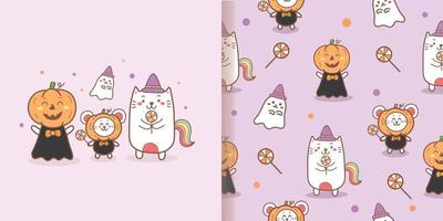 cute Halloween seamless pattern. cat unicorn and ghost kawaii doodle vector