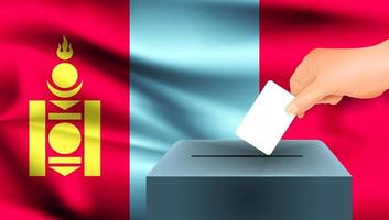 Mongolia flag, male hand voting with Mongolia flag background vector