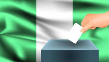 bandera de nigeria, mano masculina votando con fondo de bandera de nigeria vector